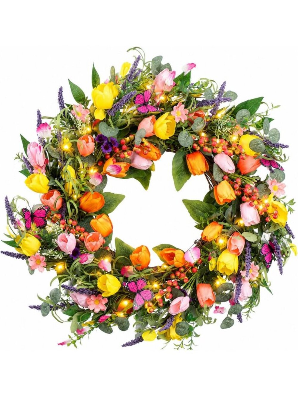 24-Inch Spring Tulip Wreath with Lights & Butterflies for Door Decor - Easter
